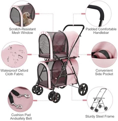 Double Pet Stroller for 2 Cats or 2 Dogs with Detachable Carriers