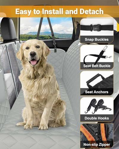 Dog Car Seat Cover, 600D Heavy Dute Car Seat Cover for Dogs Pets, 100% Waterproof Anti-Scratch Nonslip Dog Hammock for Cars, Seat Covers Protector with SeatBelt for Sedan SUV Truck Standard Gray