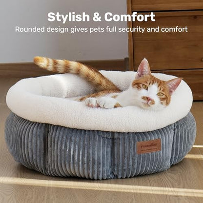FUKUMARU Corduroy Round Cat Dog Bed, Anti-Anxiety & Washable