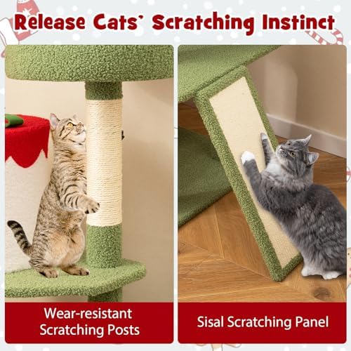 PETSITE 61 inch Cat Christmas Tree, Multi-Level Cat Tower with Sisal Scratching Posts, 2 Cat Condos, Basket Bed, Sisal Covered Ladder, Cute Cat Tree for Indoor Cats