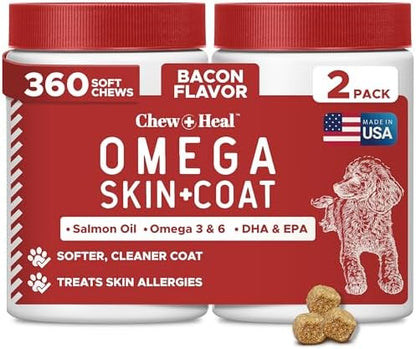 Omega 3 Fish Oil for Dogs, Bacon Flavor - 360 Soft Chews for Skin and Coat