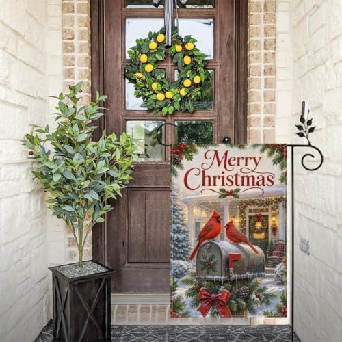 Merry Christmas Garden Flag 12x18 Inch Cardinal Pair Snowy Mailbox Holly Berry Pinecone Wreath Classic Winter Outdoor Yard Lawn Front Porch Welcome Double Sided Banner Decor