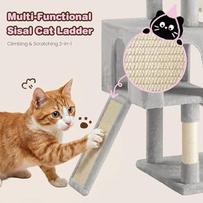 SHA CERLIN 82 inch Cat Tree Tower, Multi-Level Cat Condo with Plush Perches, Sisal Scratching Posts, Hammock and Toys, Stable Cat Tower for Kittens and Adult Cats, Grey