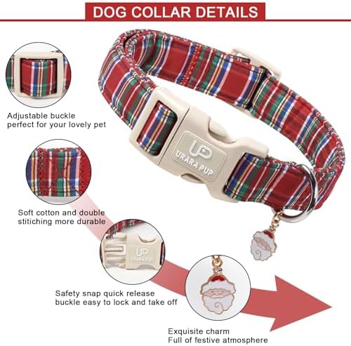 Christmas Plaid Dog Collar, Red and Blue Check Adjustable Pet Collar with Quick Release, Christmas Stripes Collar for Small Medium Large Dogs S