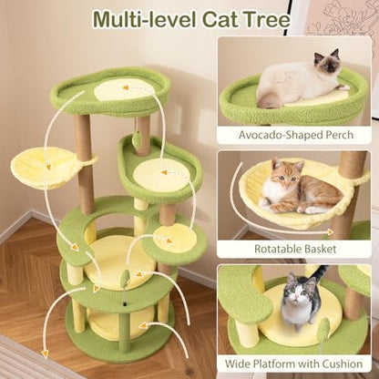 PETSITE 51-inch Avocado-Themed Cat Tree, Multi-Level Modern Cat Tower with Jute Scratching Posts, Avocado-Shaped Dangling and Spring Toy, and Removable Cushions, Cute Cat Tree Tower for Indoor Cats