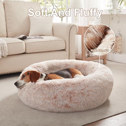 33 in Faux Fur Fluffy Donut Dog Bed for Medium Plus Dogs,Brown