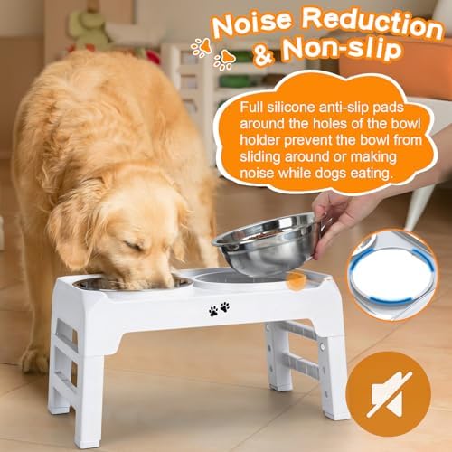 COMESOON Elevated Dog Bowls, 4 Height Adjustable Raised Bowl Stand with 2 Thick 50oz Stainless Steel Food Bowls Non-Slip Feeder Adjusts to 3.7'', 9.2'', 10.75'', 12.36'' White