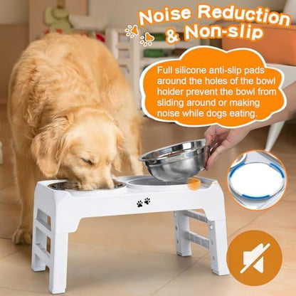 COMESOON Elevated Dog Bowls, 4 Height Adjustable Raised Bowl Stand with 2 Thick 50oz Stainless Steel Food Bowls Non-Slip Feeder Adjusts to 3.7'', 9.2'', 10.75'', 12.36'' White