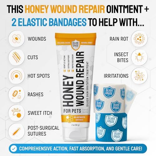 Best Hot Spot Treatment for Dogs & Horses – Dog Wound Care with Silver for Scratches, Sores, Rashes, Irritations – Honey Wound Repair Ointment in Gel Form for Horses & Cats + 2 Bandages – 2 Oz