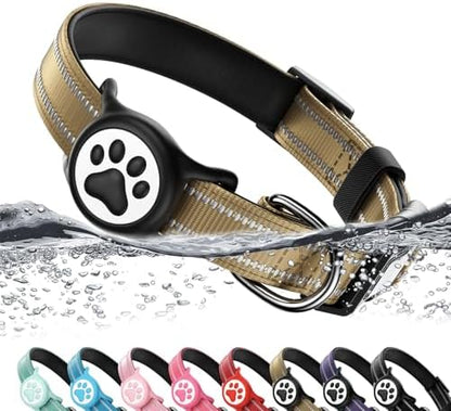 Premium Airtag Dog Collar，with IP68 Waterproof AirTag Holder,Brown,M