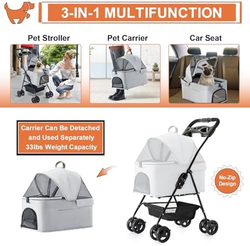 Pet Stroller with Detachable Carrier for Small Dogs & Cats, Gray