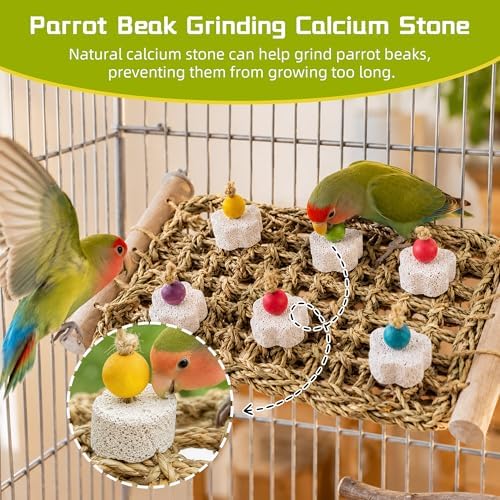 FlidRunest Conure Seagrass Mat with Grinding Calcium Stone Chewing Toy | Parrot Beak Grinding Stone and Seagrass Ladder Bridge Stands, Hand-Woven Net Climbing Net for Budgie Parakeet