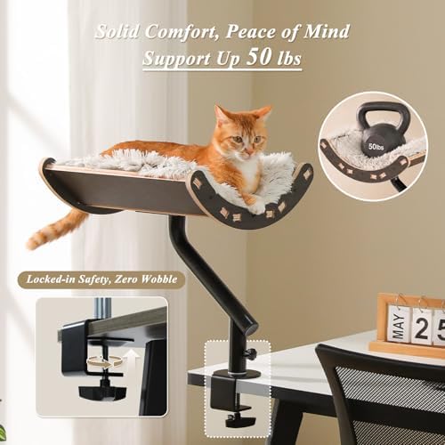 PEQULTI Desk Cat Bed, 360° Rotating Clamp-On Cat Hammock, Wood, Black