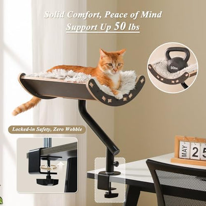 PEQULTI Desk Cat Bed, 360° Rotating Clamp-On Cat Hammock, Wood, Black