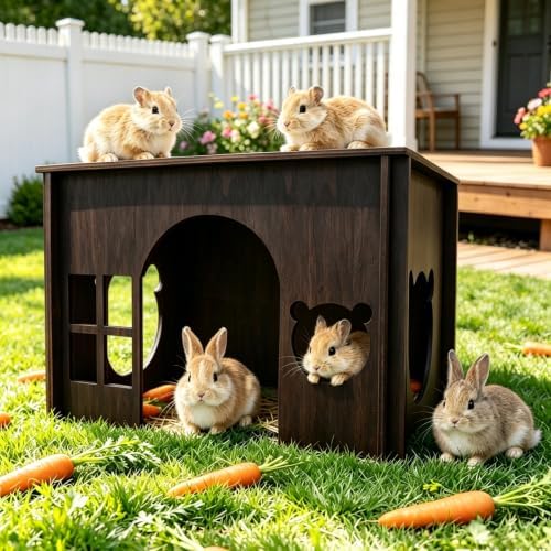 Large Sturdy Wooden Rabbit Castle Hideout with Spacious Balcony, Detachable Bunny Playhouse Hideaway Cage Accessories, Indoor Habitat Toys for Guinea Pig Chinchilla Hamster Gerbil Small Animals