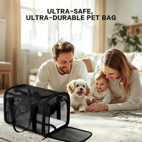 Cat Carrier, Soft-Sided Pet Carrier Bag, Breathable Mesh, Black (Black, 20 * 13 * 13)