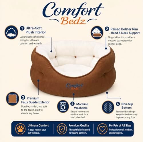 Calming Dog Bed for Small, Medium, and Large Dogs, Ultra-Soft Plush Sherpa Interior, Raised Bolster Rim, Faux Suede Exterior, Brown and Cream 81cm