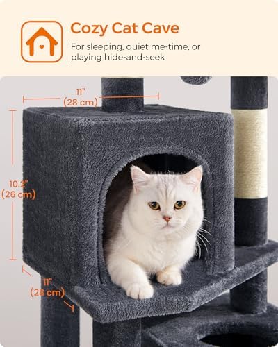 Feandrea Cat Tree, 59.5-Inch Tall Cat Tower, Multi-Level Condo, Smoky Gray
