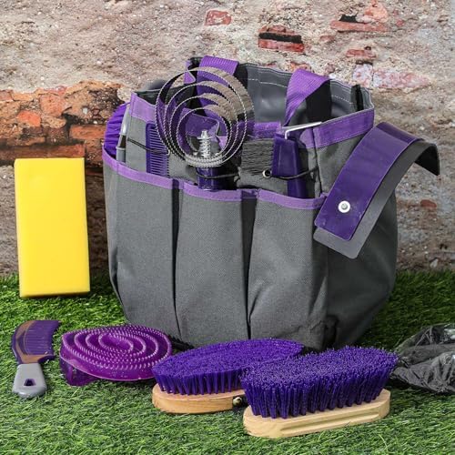 Abbylike 12 Piece Horse Grooming Kit with Organizer Tote Bag Brush Sets for Derby Day Show Horses Professional Tools for Care & Massage(Grey and Purple)