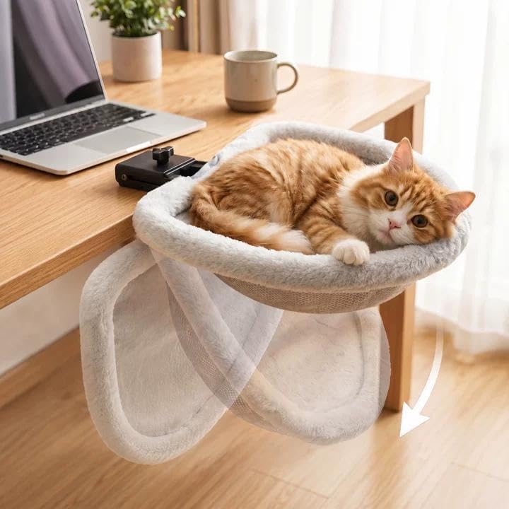 PatiencET Foldable Clamp-On Cat Desk Bed 13.8 Inch with Washable Gray Pad