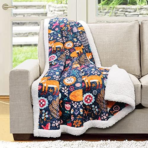 Lush Decor Pixie Fox Sherpa Throw Blanket 50”W x 60"L Gray & Pink - Sherpa Blankets - Toddler Blanket For Bed - Pink Girls Room Decor - Floral Throw
