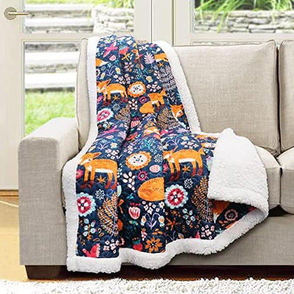 Lush Decor Pixie Fox Sherpa Throw Blanket 50”W x 60"L Gray & Pink - Sherpa Blankets - Toddler Blanket For Bed - Pink Girls Room Decor - Floral Throw