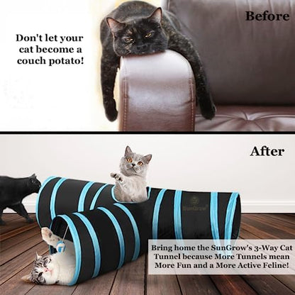SunGrow 3-Way Ferret & Rabbit Tunnel, Bunny Hideout Activity Tube with Peep Hole and Crinkle Ball, Accessories for Hiding, Resting for Dwarf Rabbits Bunny Kitty Guinea Pig, Turquoise and Black