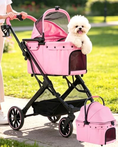 797Audio Dog Cat Stroller for Small Medium Pets,3-in-1 Foldable Pet Stroller with Detachable Carrier,Car Seat,One Click Folding,All-Terrain 4 Wheels,Adjustable Canopy with Sun Shades,Max 121lbs(Pink)