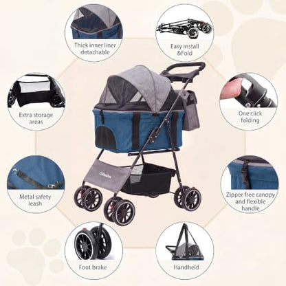 2-in-1 Foldable Pet Stroller 4-Wheel for Small Dogs,Light Gray+Kale Green