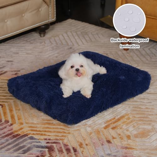 Bedfolks Waterproof Dog Crate Bed, Plush Dog Pad, 21"x13", Solid Dark Blue