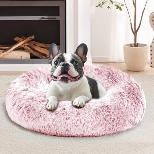 JOLLYVOGUE Calming Small Dog & Cat Bed for Indoor Cats - 20 inches Washable Donut Bed for Kittens & Puppies, Anti-Anxiety Round Fluffy Plush Pet Beds (Fits up to 15 lbs, Smoke Pink)