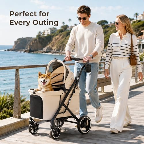 X6 Pet Stroller for Medium Large Pets Up to 70Lbs, Beige