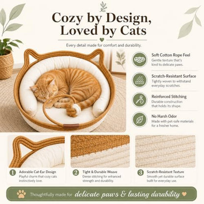 Instinct Cat Basket Bed, Handwoven Cotton Rope Cat Bed with Toy Ball and Cat Ear Handles, Breathable Scratch-Friendly Round Woven Basket for Indoor Cats and Kittens Brown