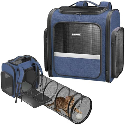 Pawtners Cat Backpack with Play Tunnel, Design for Carrying Playing Blue