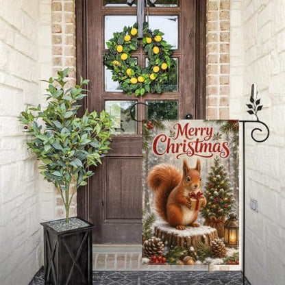Christmas Squirrel Garden Flag 12x18 Inch Merry Holiday Gift Tree Lantern Pinecone Holly Snowy Woodland Rustic Outdoor Yard Lawn Porch Double Sided Banner Farmhouse Welcome Decor