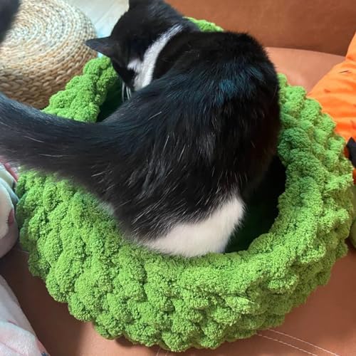Cat Nest Bed, Handwoven Washable Round Cave Kitten (DGreen,M)
