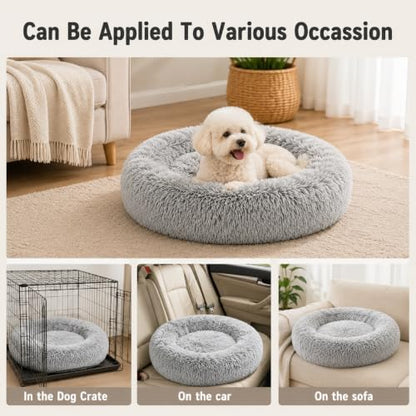 Cat Beds for Indoor Cats, Round Fluffy Cute Small Cat Bed, Washable Anti-Slip Donut Pet Bed, Round Dog Bed for Small Pets (Light Gray)