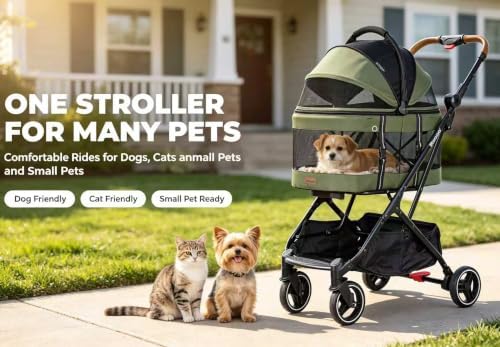 ROODO 2026 Upgraded Version 3-in-1 Dog Cat Stroller with Detachable Carrier Folding Lightweight Portable Travel Pet Gear All-Terrain Puppy Doggie Kitty Bunny Stroller for 35 lbs (Green)