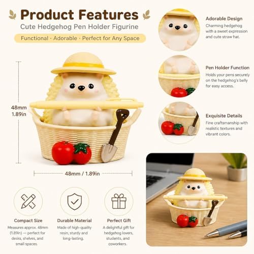 Soft Yellow Hedgehog Pen Holder, Cute Resin Basket Desk Decor