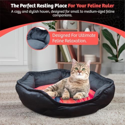 Gothic Cat Bed, 20 Inches Reversible Red and Black Cat Bed for Indoor Cats, Super Soft Plush Pet Bed with Cozy Spider Web Pillow and Secure Non-Slip Bottom