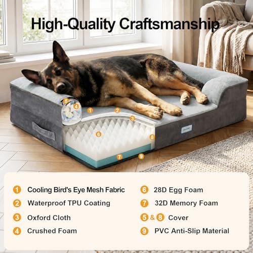 OhGeni Orthopedic Cooling Dog Bed Couch, Memory Foam, 44-inch (Cool Gray)