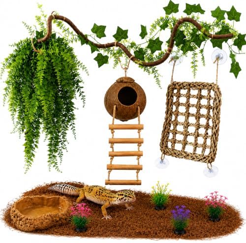 Leopard Gecko Tank Accessories. Reptile Hammock Vines Plants with Coconut Shell Ladder Hideout Hermit Crab Decor for Bearded Dragon Lizard Chameleon Crested Gecko Tortoise Snake(10PCS with Water Dish)