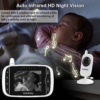 HelloBaby Video Baby Monitor with Camera and Audio, 3.2Inch LCD Display, Infrared Night Vision, Two-Way Audio and Room Temperature Monitoring,Lullaby,Sound Activated Screen