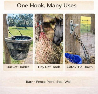 Horse Stall Bucket Hooks, Heavy Duty Metal Ring Bucket Hangers with J-Hook, Wall Mounted Water Feed Bucket Holder for Barn, Stable & Fence, Includes Screws, 4-Pack