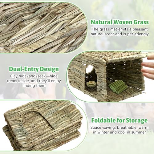 Tfwadmx 2 Pack Rabbit Grass House - Natural Hand Woven Seagrass Play Hay Bed, Collapsible Hideaway Hut Toy for Bunny Hamster Guinea Pig Chinchilla Ferret