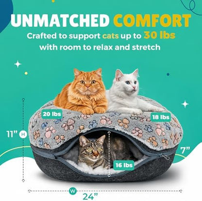 RINGTAIL Peekaboo Cat Cave Donut for Multiple & Large Cats Up to 30-45 lb, 3-in-1 Self Warming Cat Bed Tunnel with 2 Soft Fluffy Fleece Pet Blankets, Scratch, Detachable & Washable (Dark Gray, Large)