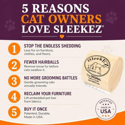 SleekEZ Cat Brush for Shedding - Deshedding Brush for Cats - Patented Grooming Tool for Removing Loose Fur, Undercoat & Hair - Made in USA - Works on Short, Medium & Long Coats