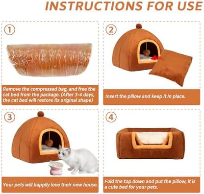 Cat Bed Cave for Indoor Cats,Cat House Tent Bed with Removable Washable Cushioned Pillow, 2-in-2 Kitten Beds for Indoor Kittens,Pet Bed