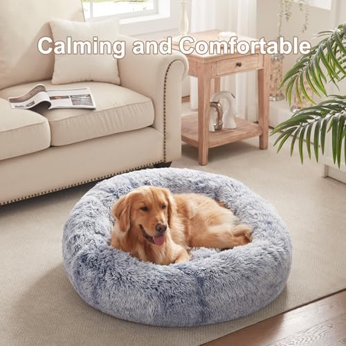 36 inches Faux Fur Fluffy Donut Dog Bed for Large Dogs,Dark Blue