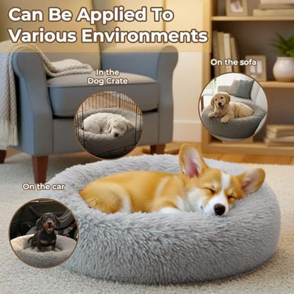 Calming Extra Large Donut Dog Bed, Anti-Anxiety Round Soft Fluffy Plush Faux Fur Washable Anti-Slip Pet Bed for Medium Dogs Up to 45 lbs 32in Gray